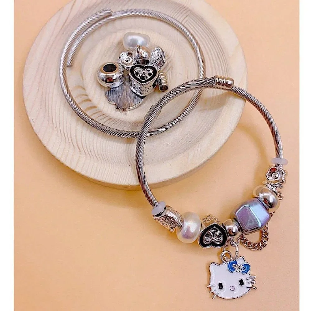 Unique Pandora Style Charm Bracelet DIY Customizable Kitty Pearl & Heart Beads